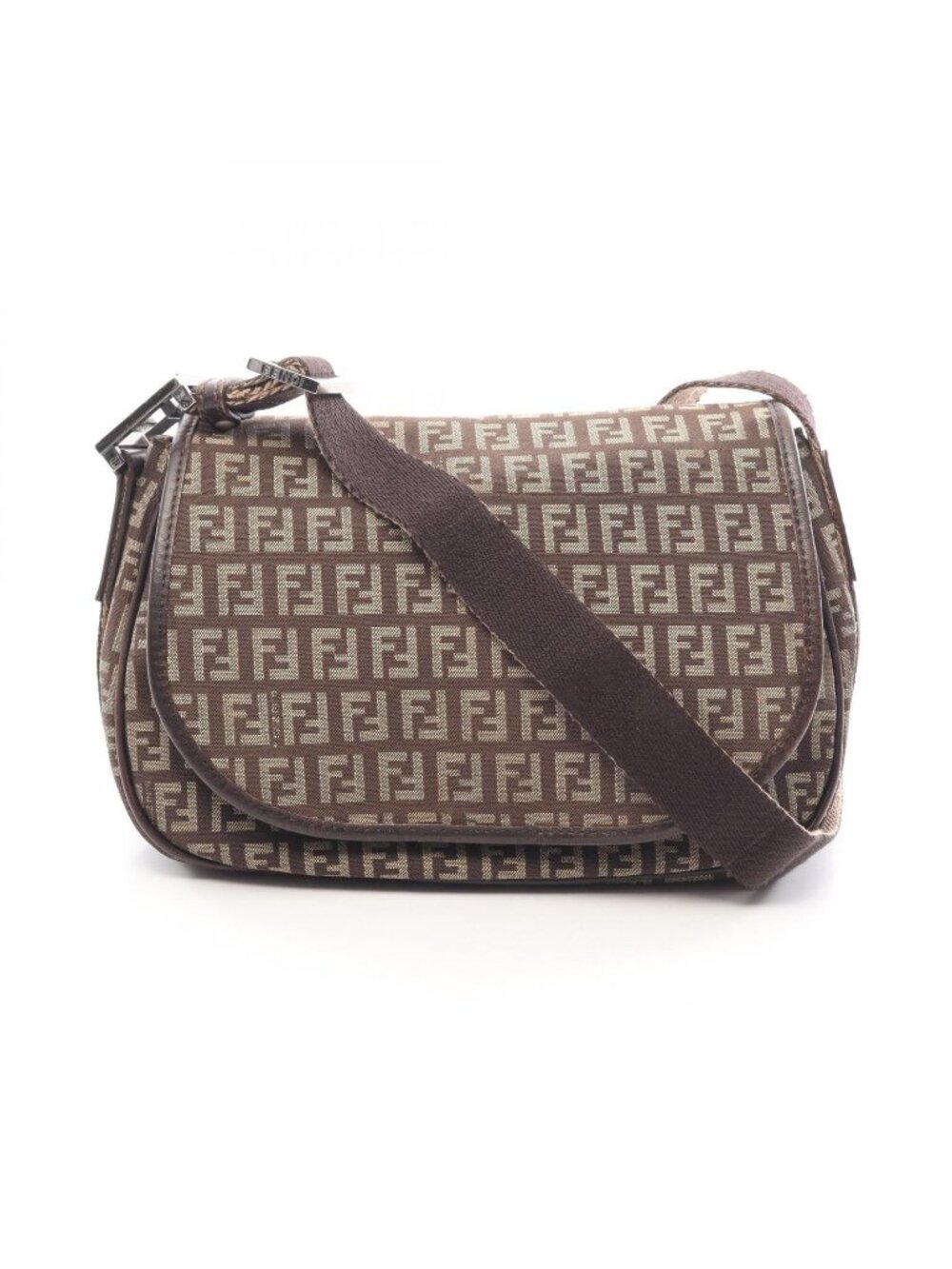 Fendi Shoulder Bag Zucchino Dark Brown Beige Canvas Leather